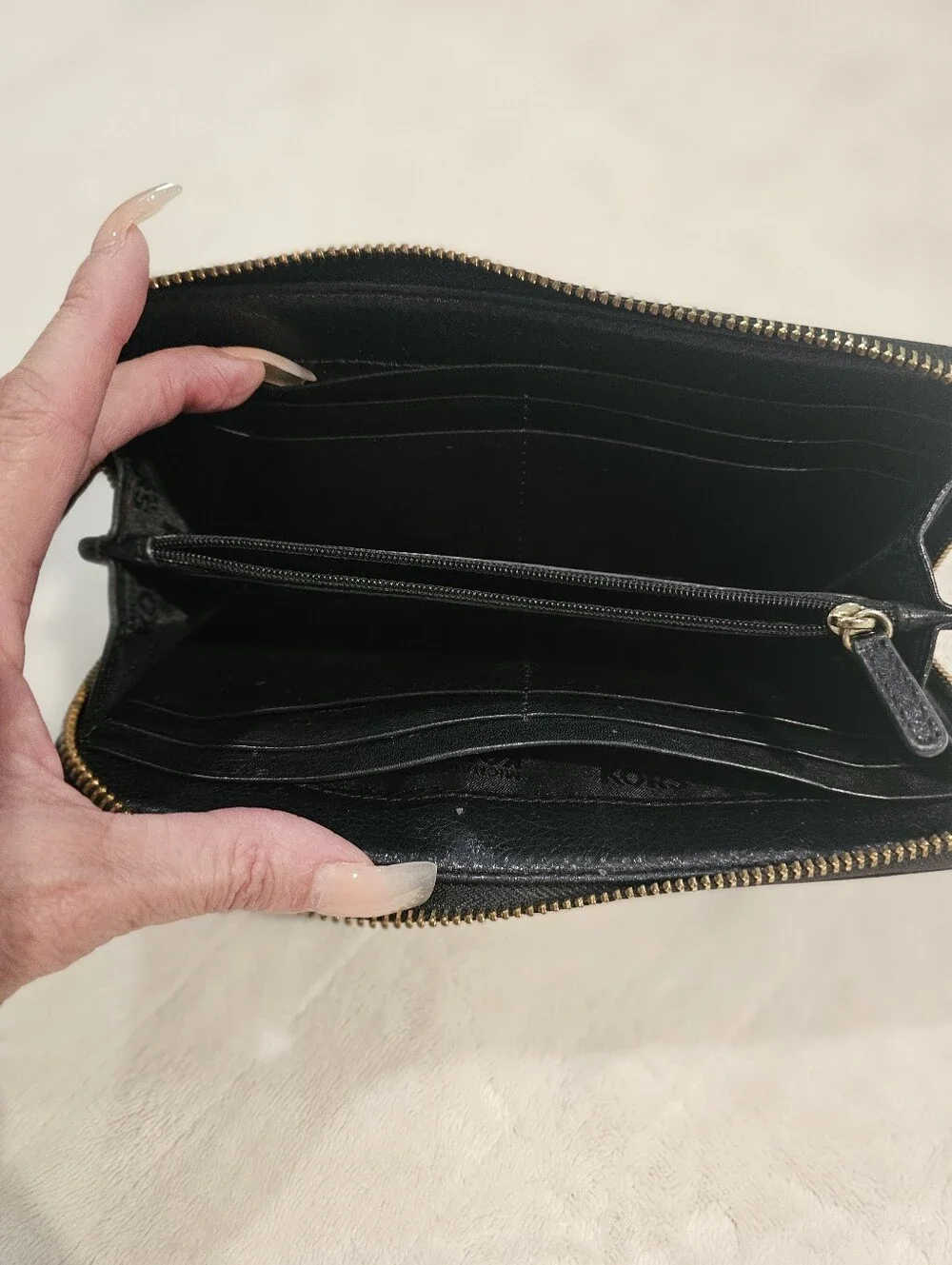 Michael Kors Black MK Logo Zip Wallet with Gold Plaque EUC